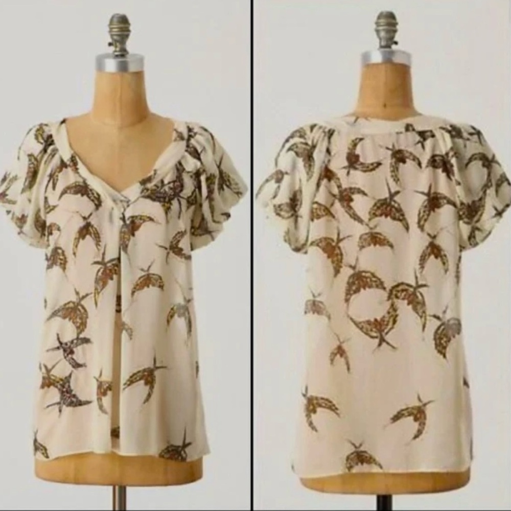 Anthropologie Moulinette Soeurs Silk Embroidered Beaded Sequin Birds Blouse